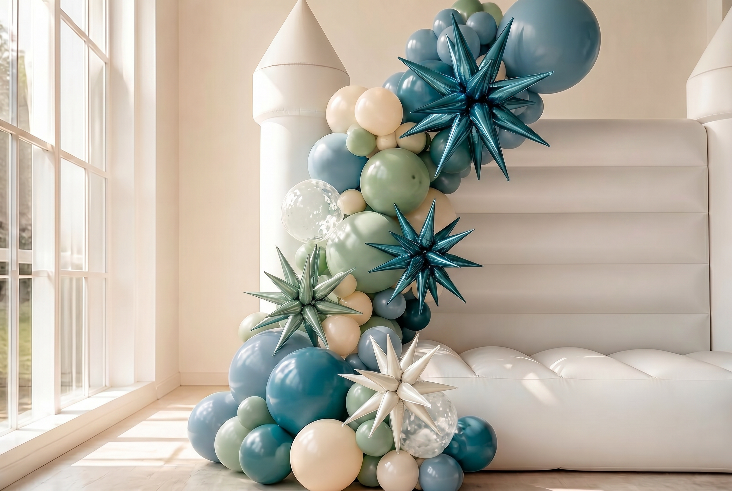 Blush and champagne balloon garland installation